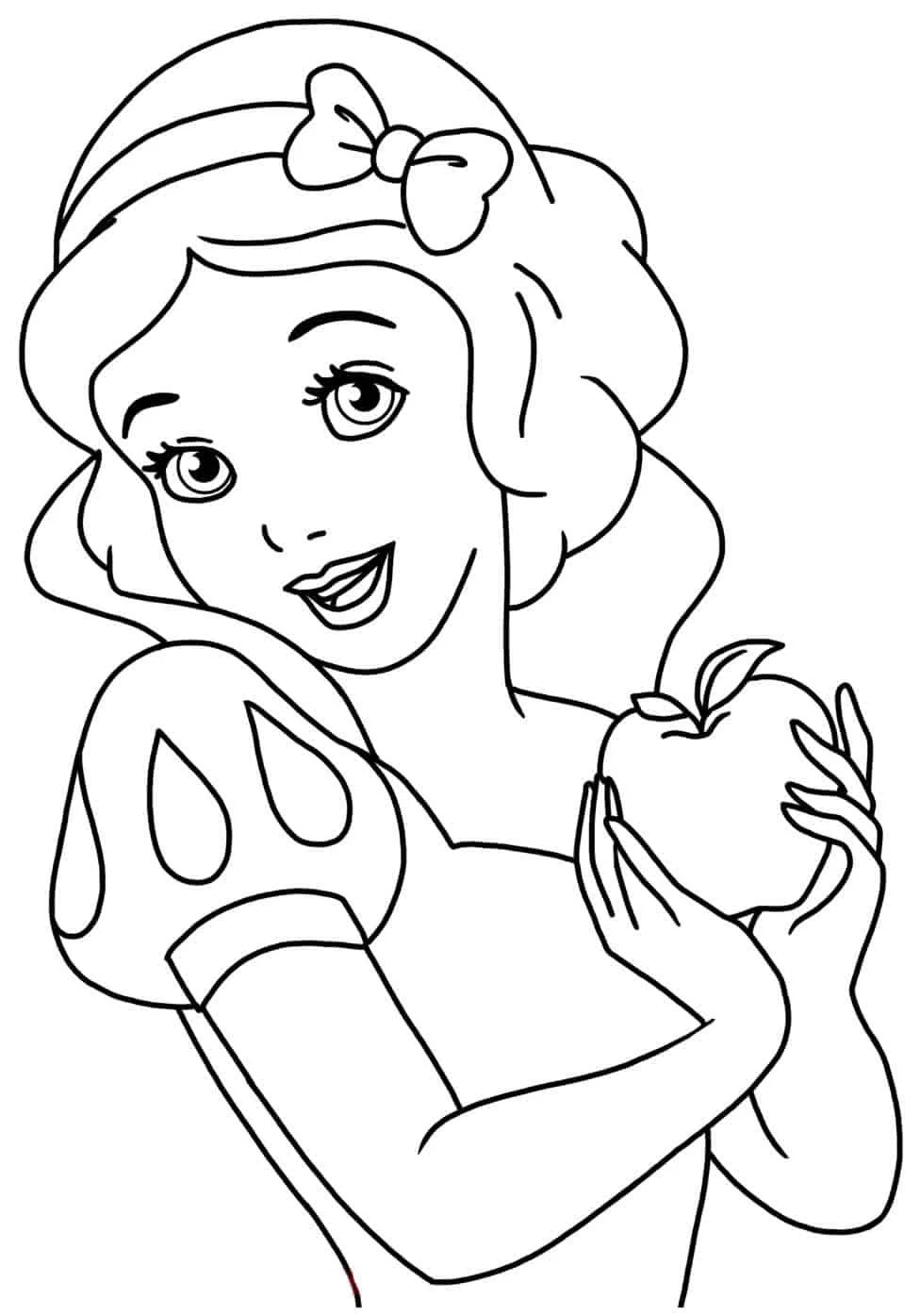 Desenho para colorir da Branca de Neve com um laço no cabelo segurando uma maçã nas mãos.