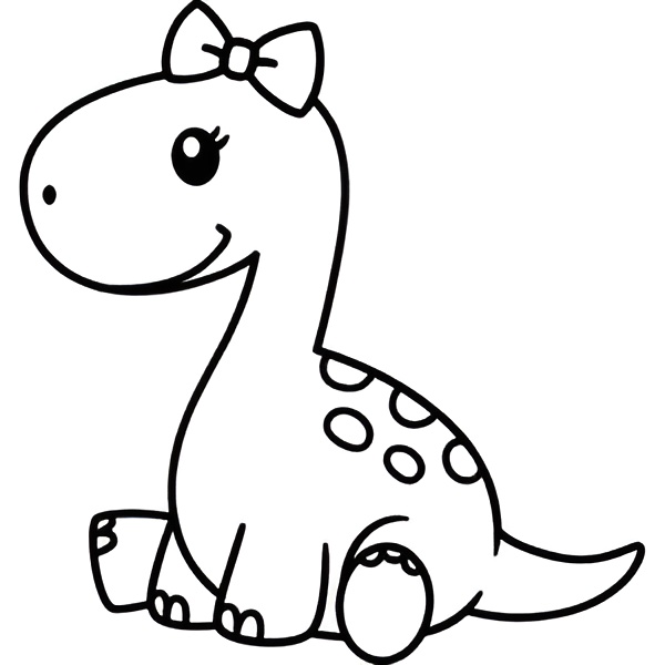 Desenho de um dinossauro Brontossauro bebê fêmea com laço, estilo cartoon, para colorir e imprimir.