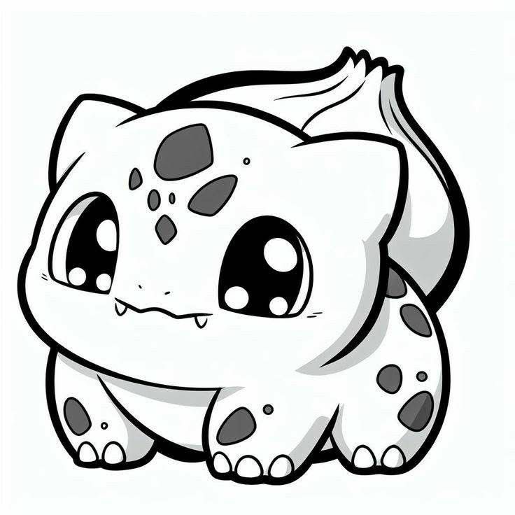 Desenho de um Bulbassauro estilo kawaii com olhos grandes e brilhantes, perfeito para colorir e se divertir.