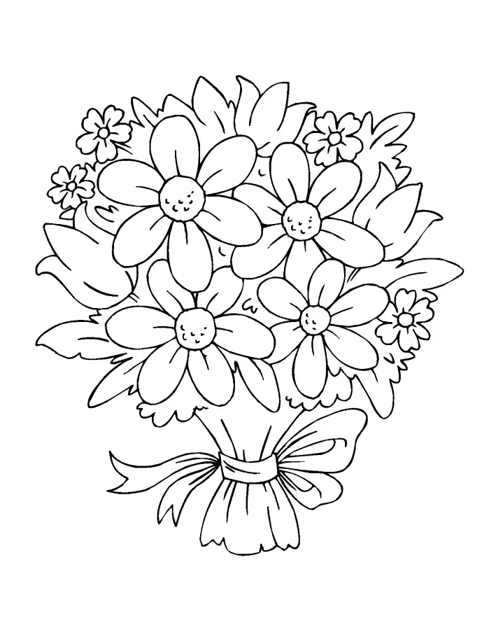 Desenho de um buquê de flores com pétalas arredondadas, folhas e laço para colorir e imprimir.