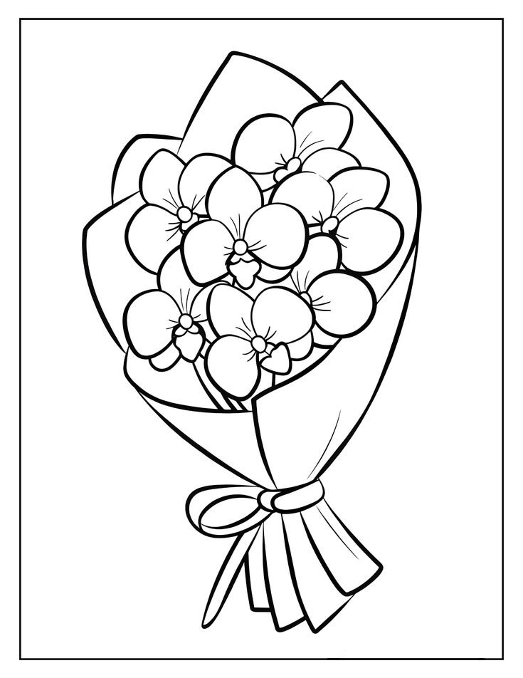 Desenho de um buquê de folres com orquídeas, laço e papel de presente para colorir e celebrar.