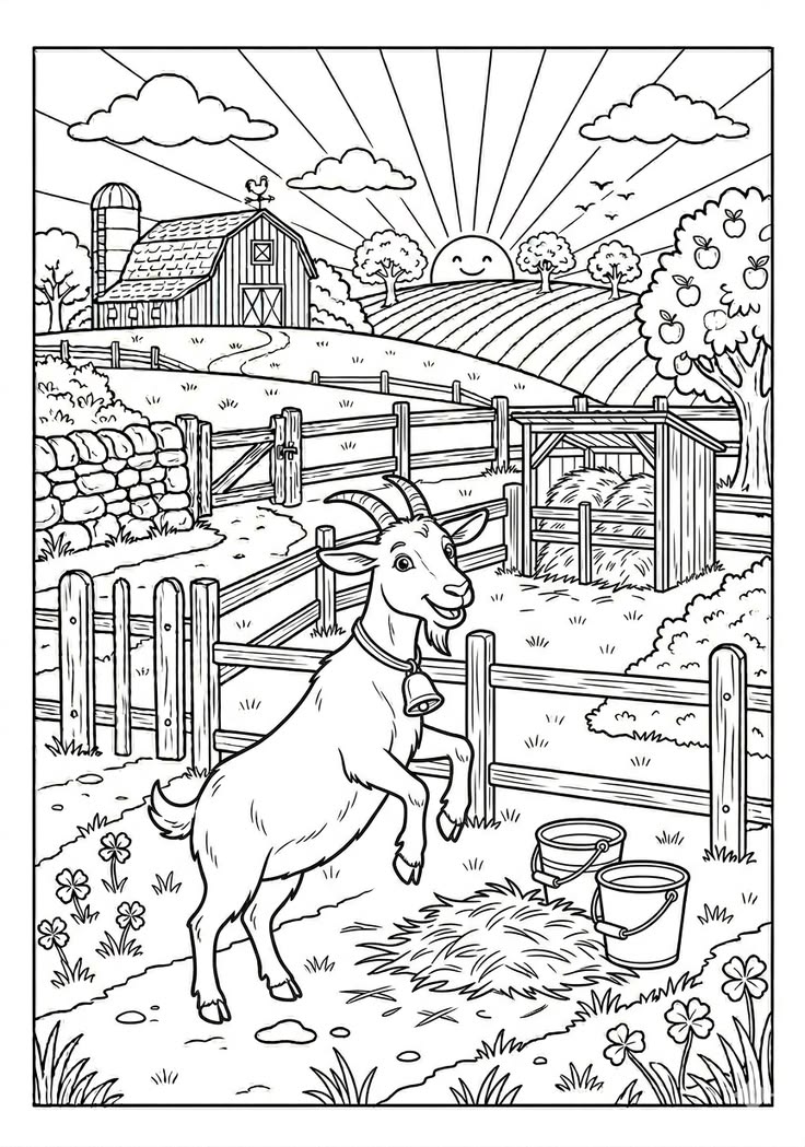 Desenho para colorir de uma cabrita saltitante com um sino no pescoço em uma fazenda ensolarada, com celeiro, árvore frutífera e baldes de leite ao fundo.