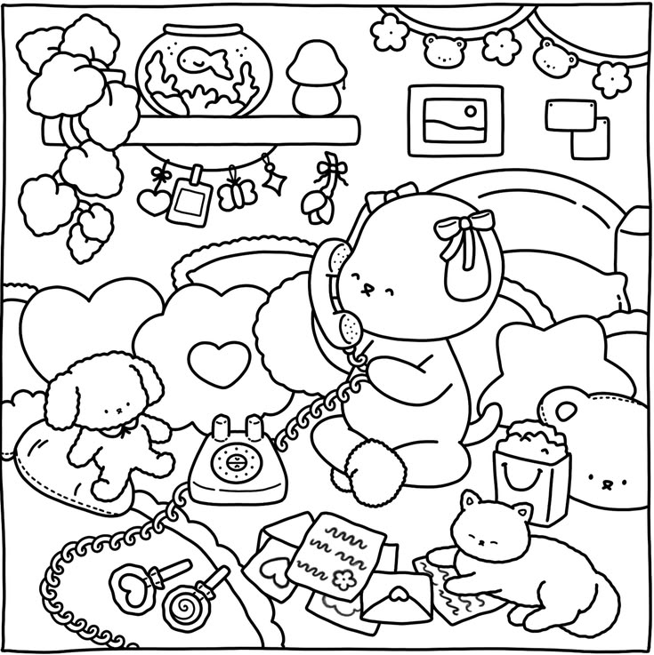 Desenho de uma cachorrinha com laço na cabeça falando ao telefone vintage, sentada em um quarto rodeada por bichinhos de pelúcia, cartas e um aquário.