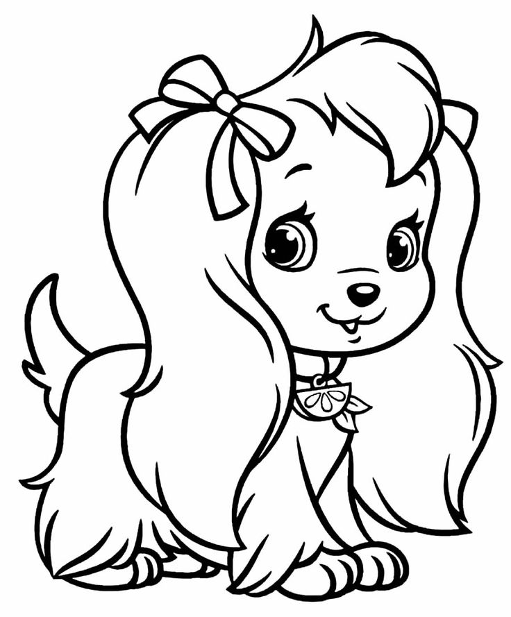 Desenho de uma cachorrinha fofa com laço na cabeça e pelos muito elegantes para colorir e imprimir