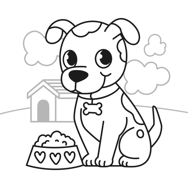 Desenho de um cachorrinho fofo comendo ração com traços mega infantilizados para colorir