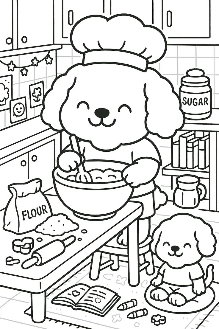 Dois cachorrinhos brancos fofos, um com chapéu de chef mexendo uma tigela de massa e outro sentado ao lado, em uma cozinha com farinha e utensílios.