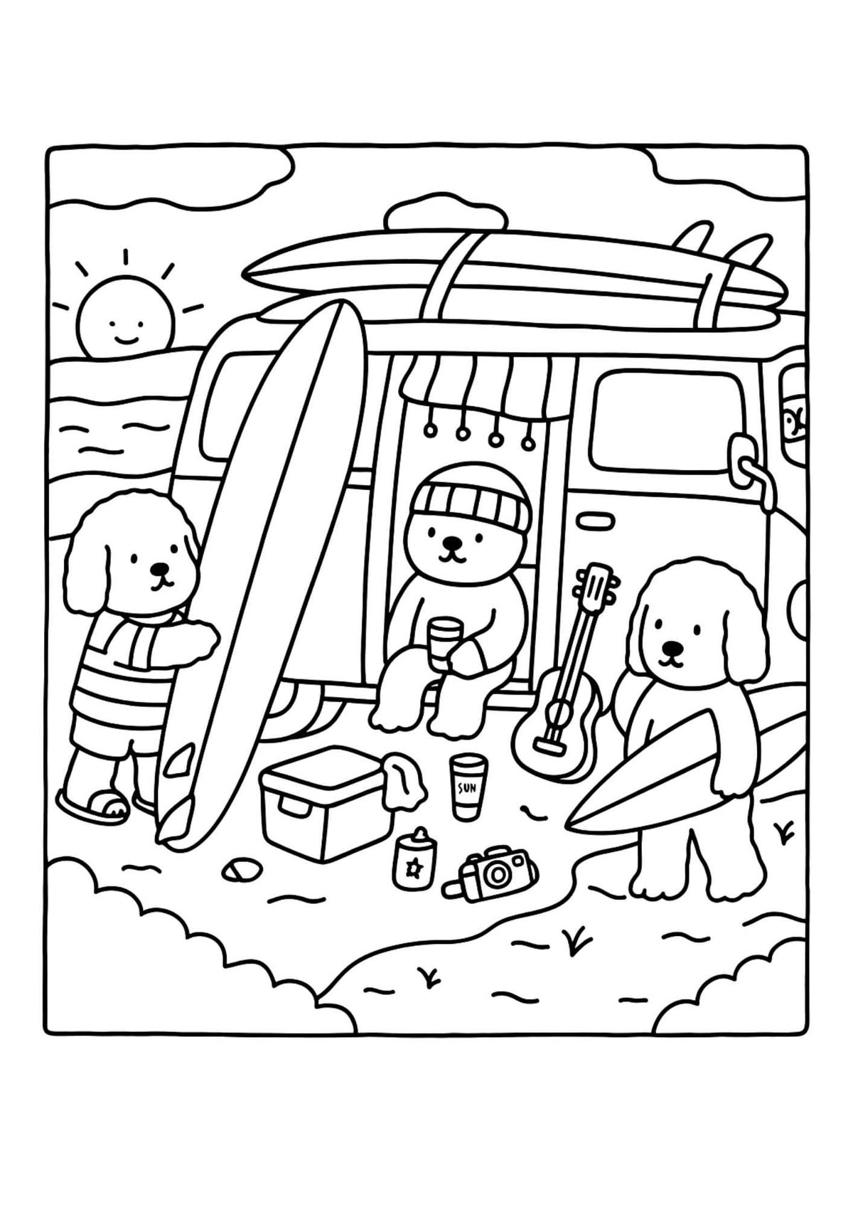 Dois cachorrinhos segurando pranchas de surfe ao lado de uma van estacionada na praia com um urso sentado dentro, em estilo de traço simples para colorir.