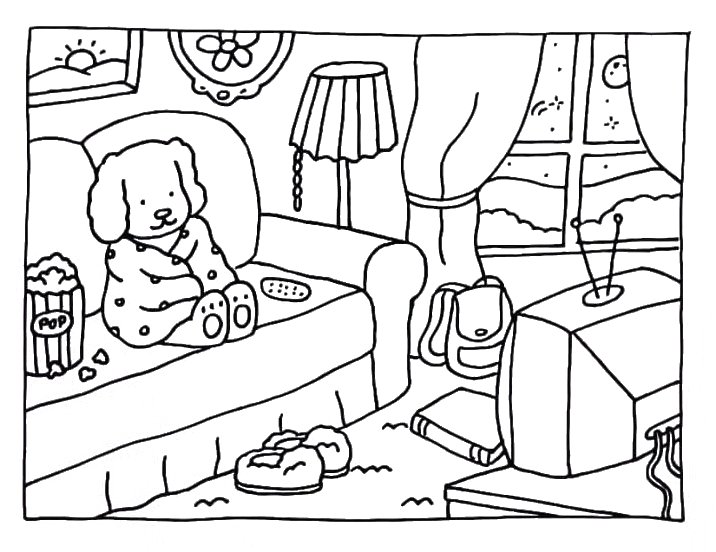 Desenho Bobbie Goods assistindo filmes em um dia de inverno, um cachorro de pelúcia de pijama, relaxando no sofá, pronto para imprimir e colorir.