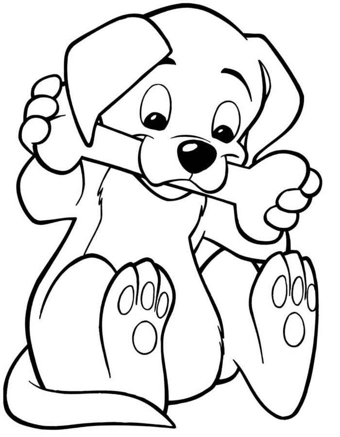 Desenho de um cachorro filhote roendo um osso de forma muito fofa para colorir