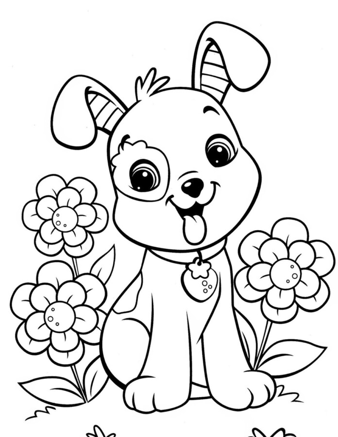 Desenho infantil com traços simplificados de um filhote cachorro para colorir