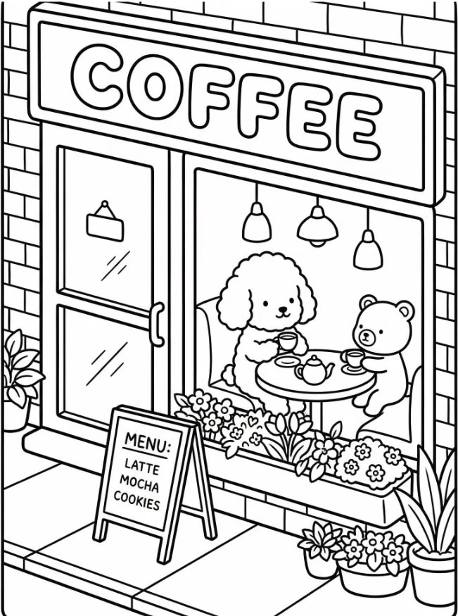 Desenho para colorir de uma cafeteria charmosa com um poodle e um ursinho tomando café em uma mesa, com cardápio e flores na janela.