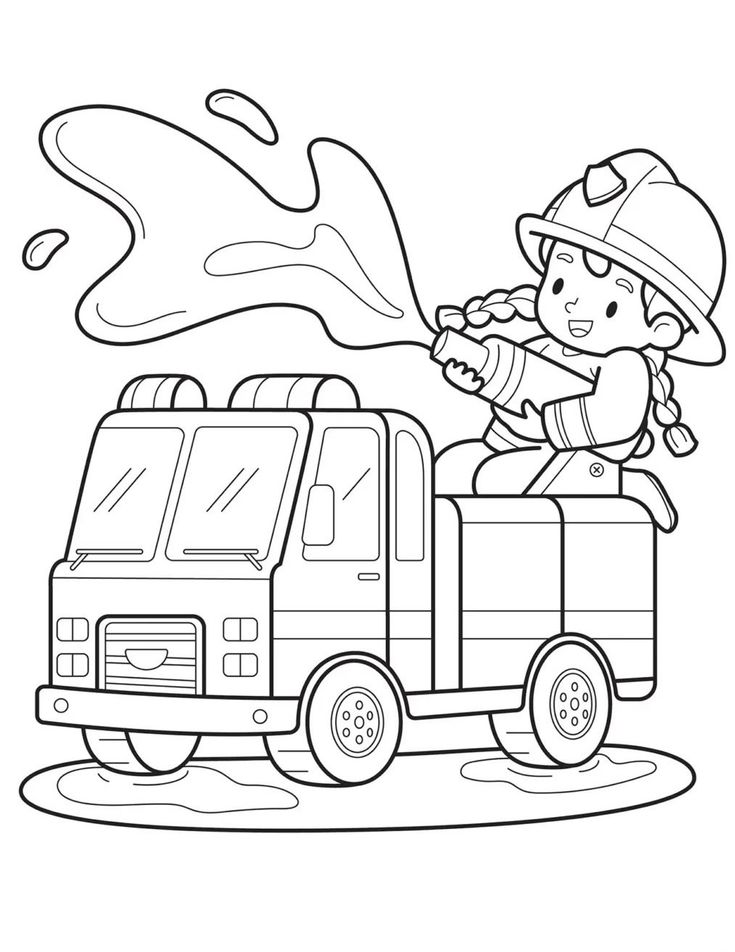 Desenho de um caminhão de bombeiro com uma bombeira sorrindo e jogando água para colorir.