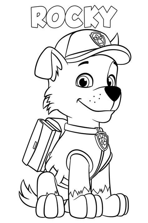 Desenho do Rocky, filhote da Patrulha Canina, com boné, uniforme, mochila e o texto ROCKY para pintar e imprimir.