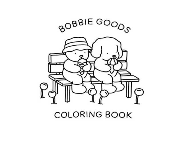 Ilustração da Bobbie Goods com urso de chapéu e cachorro fofo comendo sorvete num banco, ideal para colorir e se divertir.