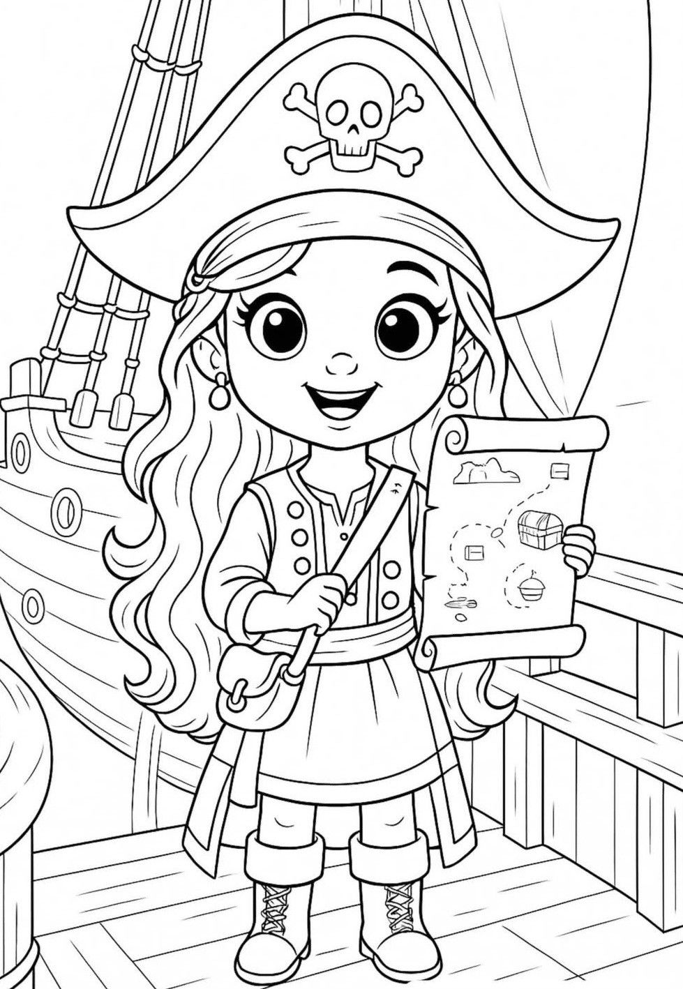 Menina vestida de capitã pirata segurando um mapa do tesouro no convés de um navio.