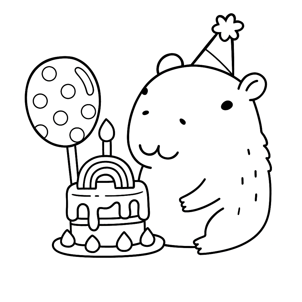 Desenho de capivara com chapéu de festa, bolo decorado e balões para colorir e celebrar aniversários.