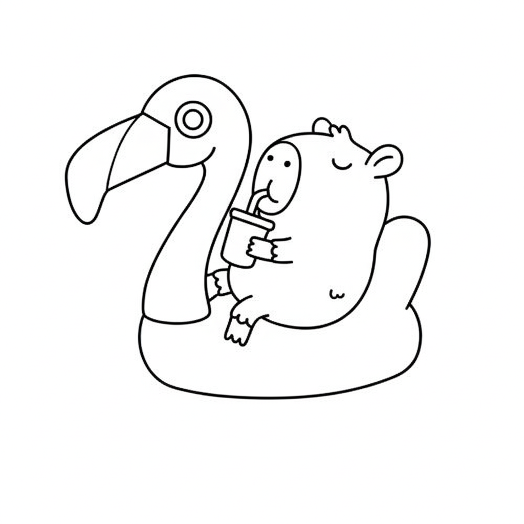 Desenho de uma capivara fofa relaxando em uma boia de flamingo para colorir e imprimir.