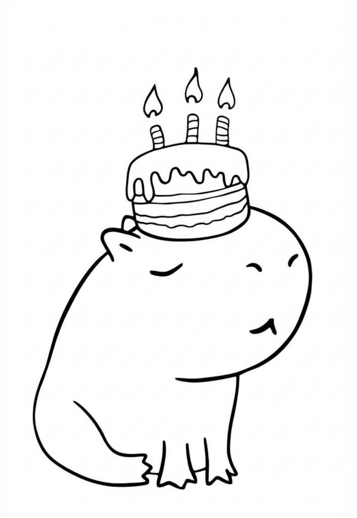 Desenho de capivara fofa com bolo de aniversário de três camadas para colorir.