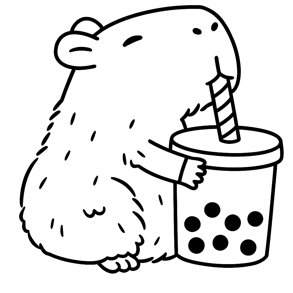 Desenho de uma capivara gordinha e fofa bebendo um copo de bubble tea com canudo listrado, estilo cartoon para colorir.