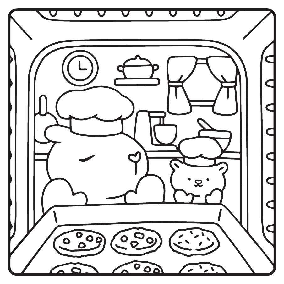 Desenho para colorir de uma capivara de chapéu de chef e um gatinho ajudante olhando para uma assadeira cheia de cookies dentro do forno.