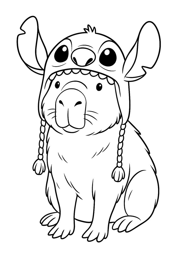 Desenho de uma capivara sentada vestindo um gorro com orelhas do Stitch e tranças, estilo cartoon fofo para imprimir e colorir.