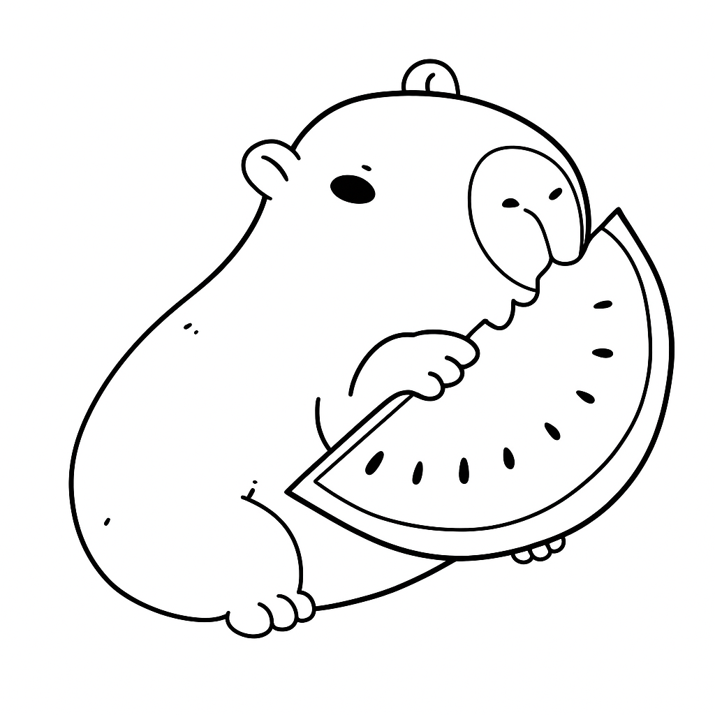Desenho de uma capivara fofinha segurando uma fatia de melancia suculenta com mordida, ideal para crianças aprenderem sobre alimentação saudável e frutas.