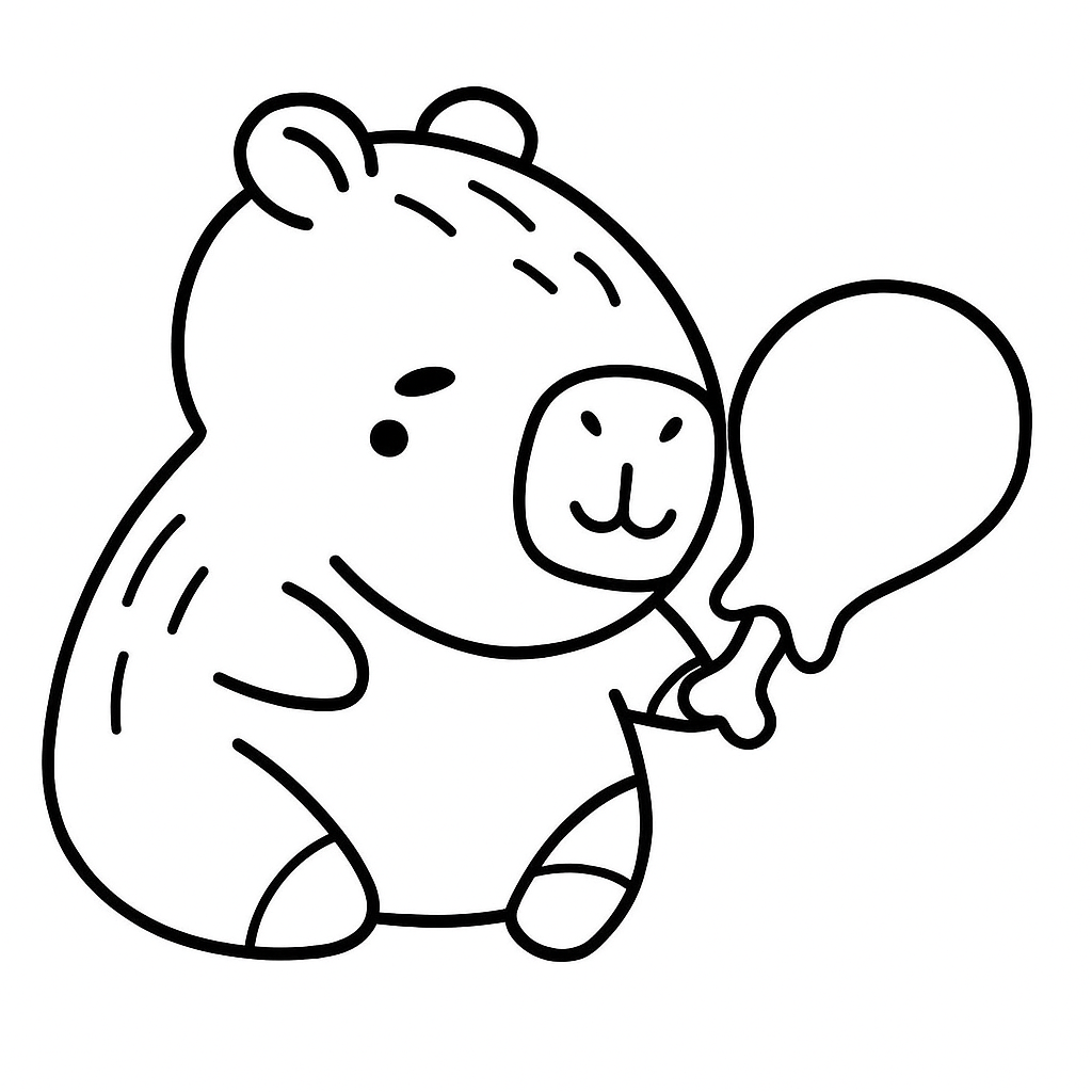 Capivara fofa estilo cartoon segurando um pedaço de frango frito no osso para colorir e imprimir. Desenho de animal com comida.