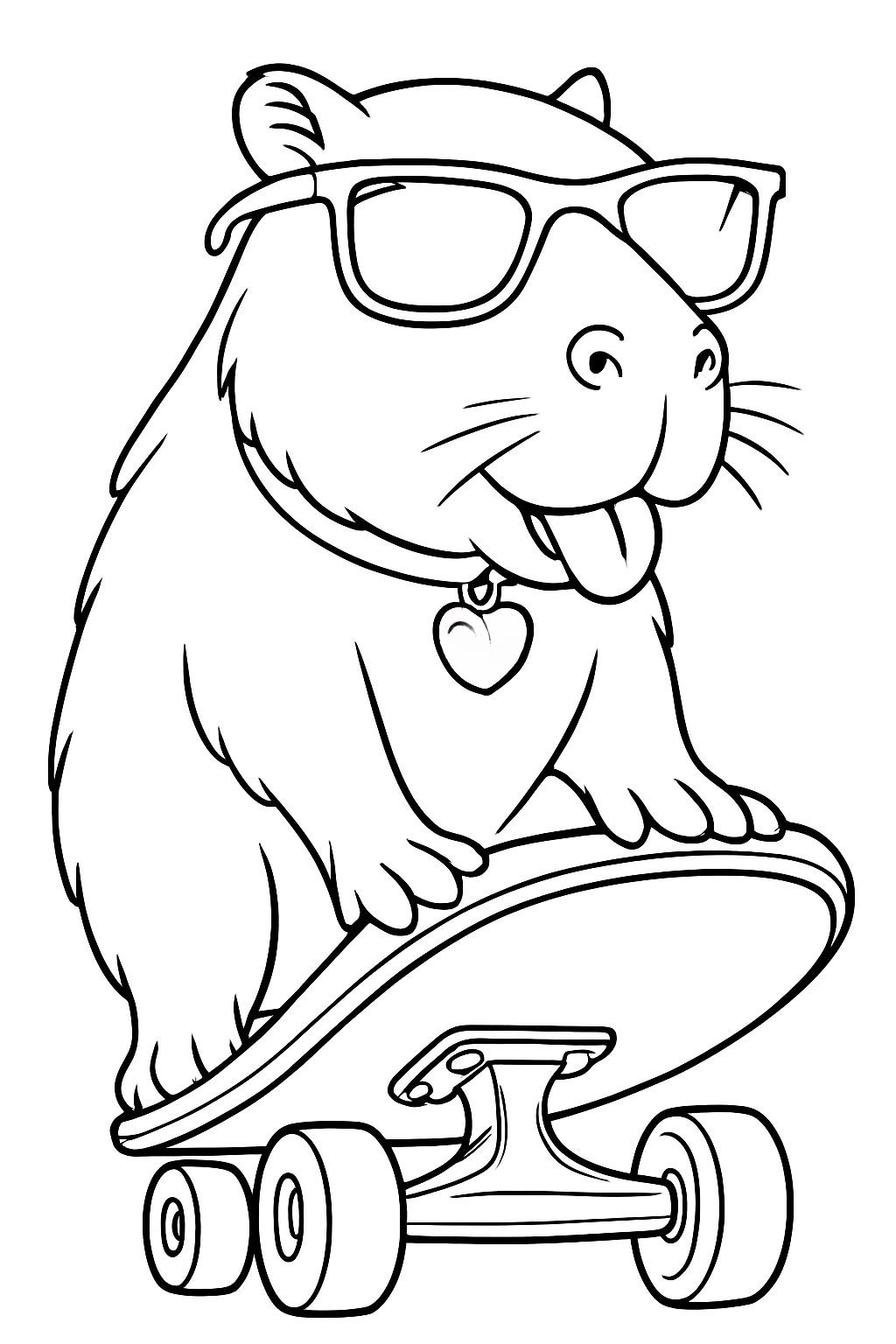 Capivara antropomórfica alegre, usando óculos de sol e coleira de coração, andando de skate, estilo cartoon para imprimir e colorir.