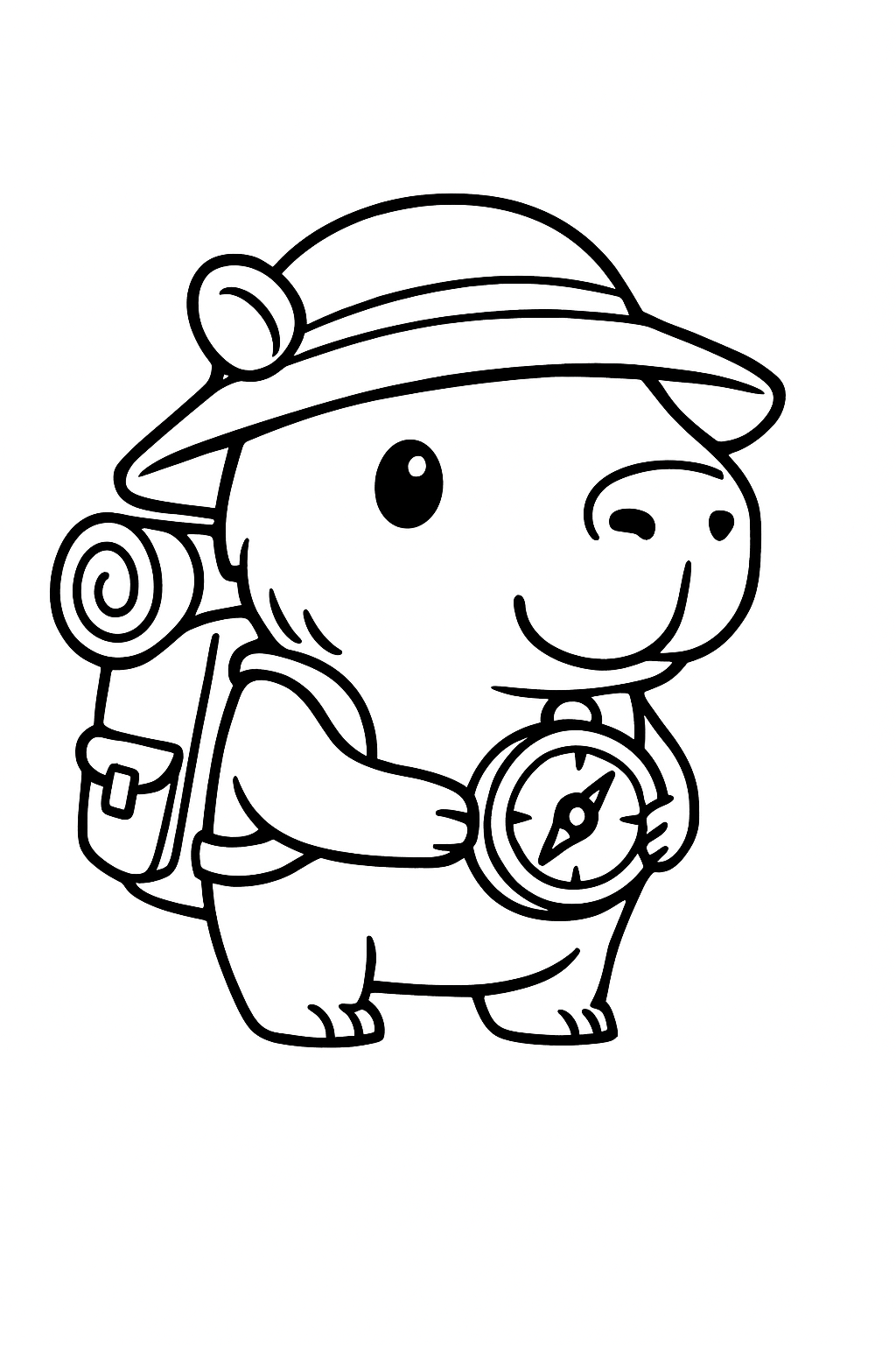 Desenho de capivara aventureira com chapéu de explorador, mochila e bússola para imprimir e colorir.