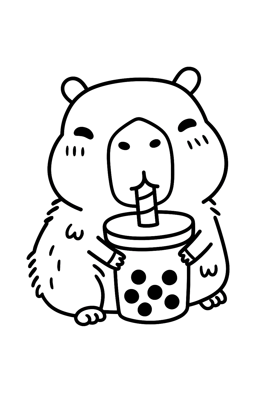 Capivara estilo cartoon bebendo bubble tea com canudo para imprimir e colorir.