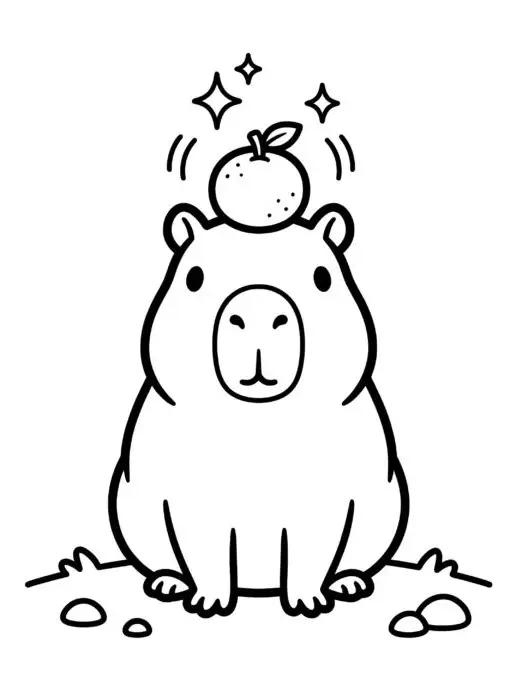 Desenho de uma capivara fofa estilo kawaii sentada com uma laranja equilibrada na cabeça, cercada por estrelinhas cintilantes.