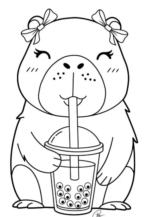 Desenho de uma capivara fofa com laços nas orelhas tomando um bubble tea, pronto para ser colorido.