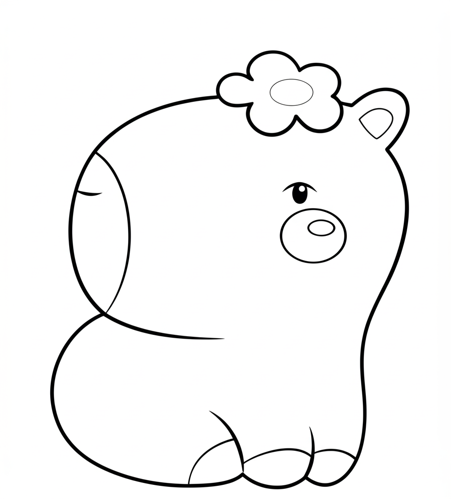 Desenho fofo de uma capivara kawaii com flor na cabeça para colorir.