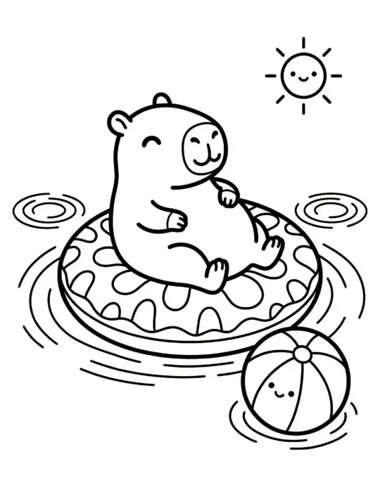 Ilustração estilo kawaii de uma capivara sorridente sentada em uma boia de donut em um dia ensolarado, com uma bola de praia ao lado.