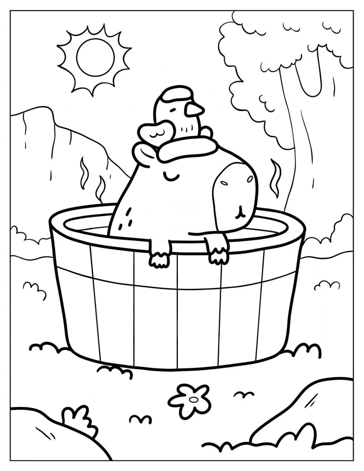 Desenho para colorir de uma capivara tranquila dentro de uma banheira de madeira ao ar livre, com um pequeno passarinho pousado em sua cabeça sob o sol.