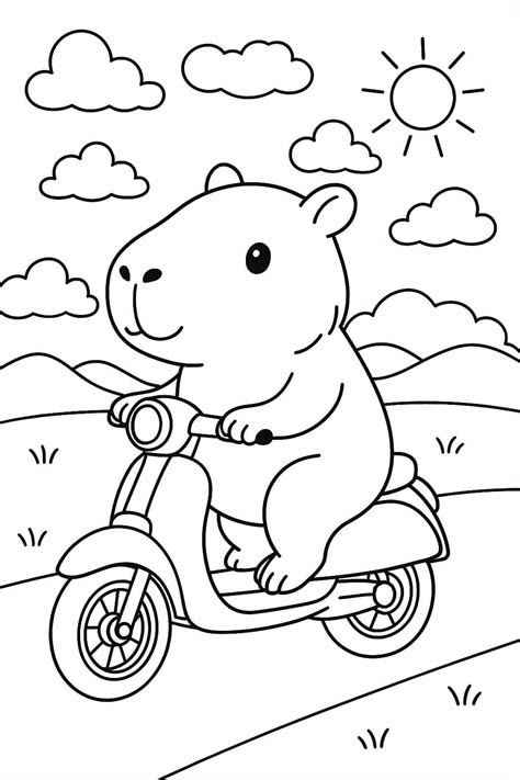 Uma capivara fofa andando de scooter em um dia ensolarado com nuvens ao fundo.