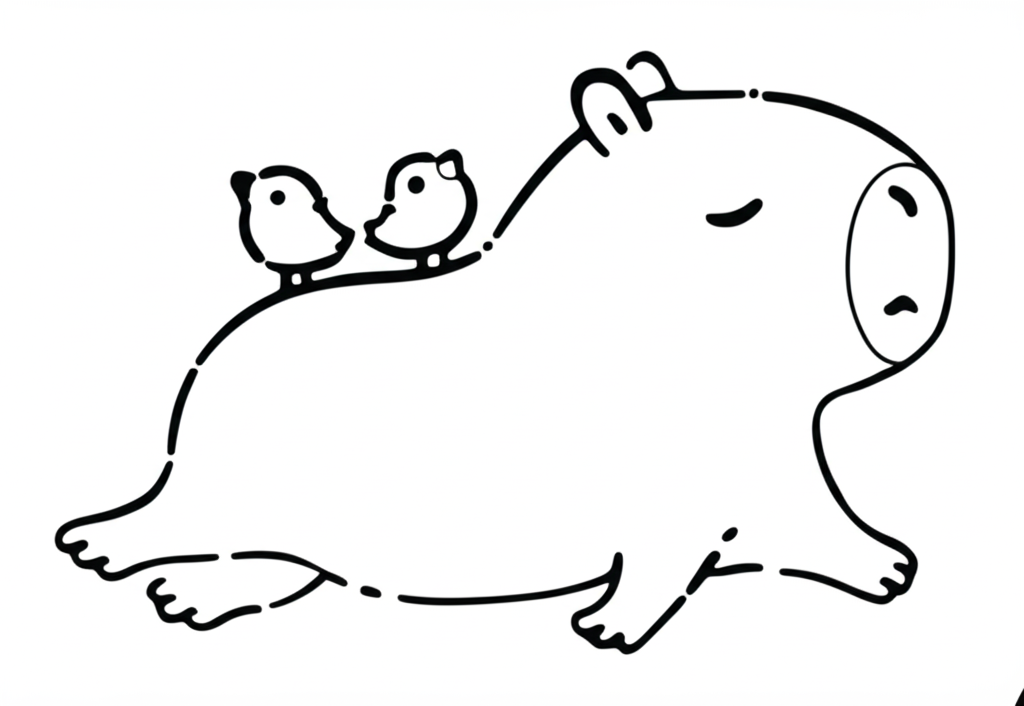 Ilustração de uma capivara nadando com dois pássaros em suas costas, perfeita para despertar a criatividade.