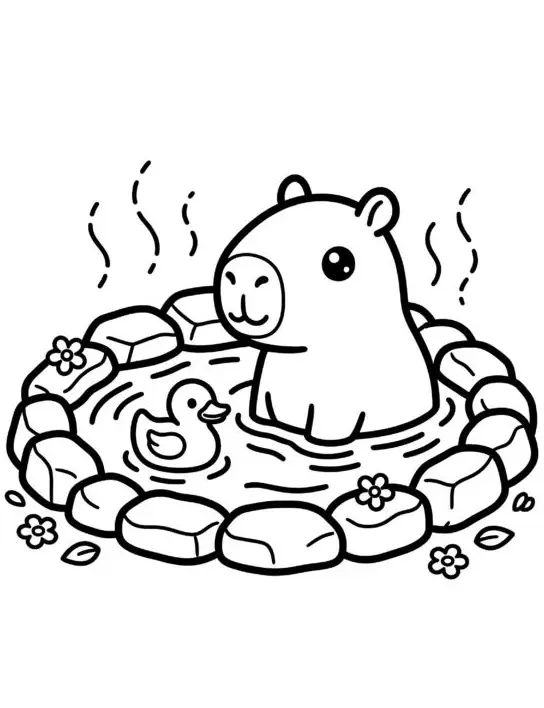 Desenho para colorir de uma capivara fofa tomando banho em fontes termais cercadas por pedras e flores, com um patinho de borracha ao lado.