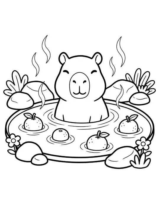 Ilustração em preto e branco de uma capivara sorridente dentro de uma piscina de águas termais fumegante com laranjas boiando ao seu redor, cercada por pedras e plantas.