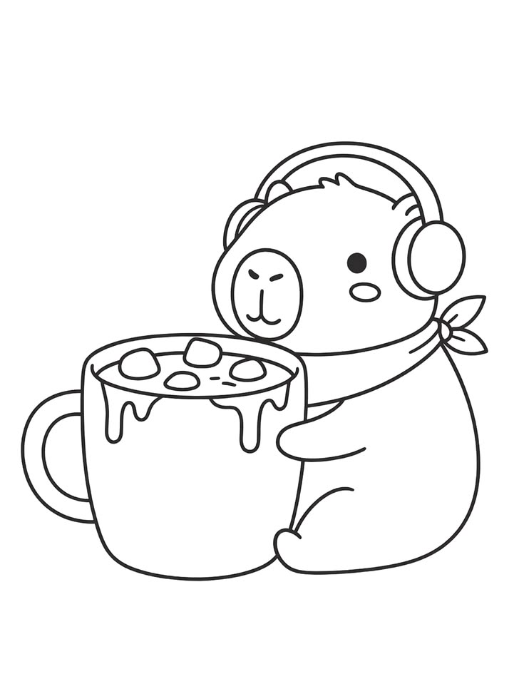Desenho para colorir de uma capivara fofa usando fones de ouvido e cachecol, segurando uma caneca grande de chocolate quente com marshmallows.