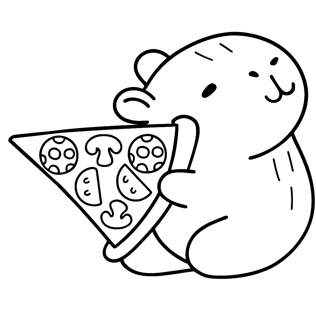 Capivara fofa comendo pizza de cogumelos e pepperoni, perfeita para atividades de colorir e aprender sobre alimentação.