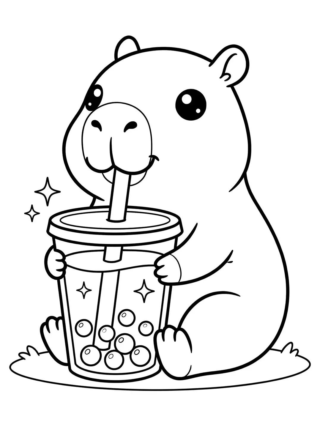 Desenho para colorir de uma capivara fofa com olhos brilhantes segurando um copo de bubble tea com canudo e bolinhas de tapioca.
