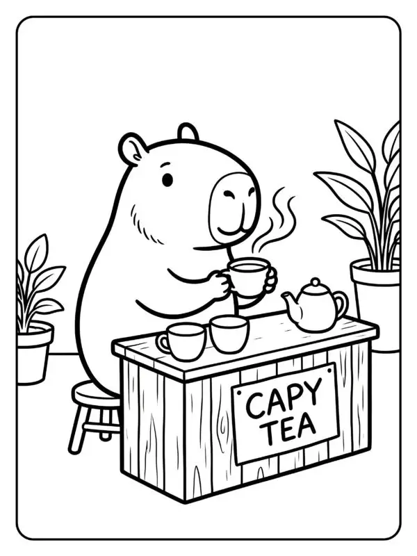 Uma capivara simpática sentada em um banquinho atrás de uma bancada com a placa Capy Tea, segurando uma xícara de chá fumegante, rodeada de plantas em vasos.