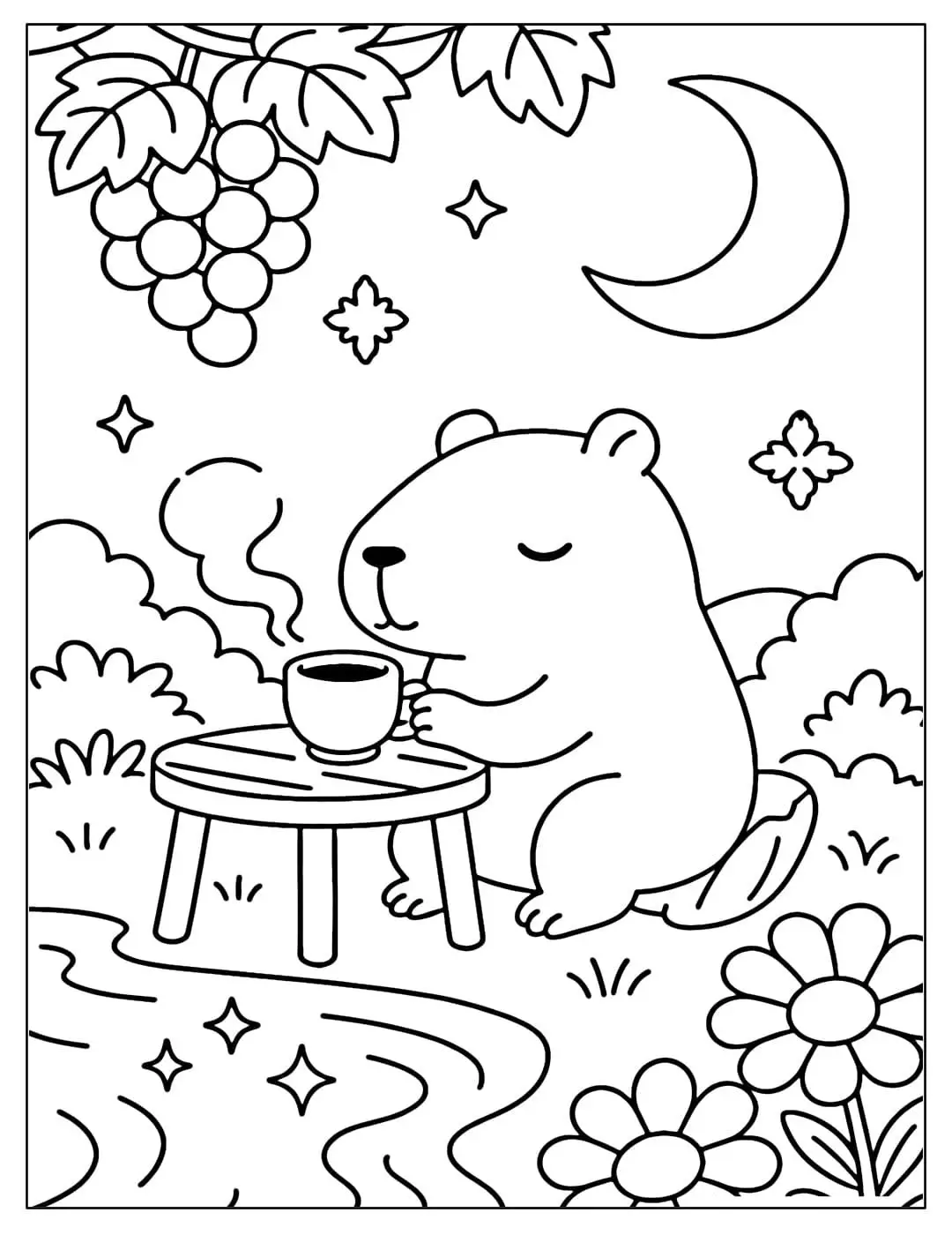 Desenho para colorir de uma capivara fofa sentada à mesa tomando uma xícara de chá, embaixo de um cacho de uvas e sob a luz da lua, com flores no chão.