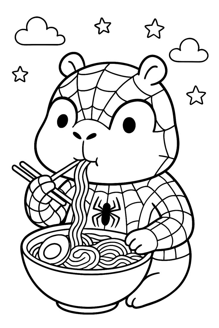 Desenho da Capivararanha vestida de super-herói aranha segurando hashis e comendo uma tigela de macarrão com ovo para imprimir e colorir.