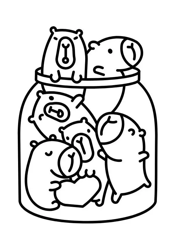 Desenho de linha de várias capivaras fofas amontoadas dentro de um pote de vidro, sendo que uma delas segura um coração.