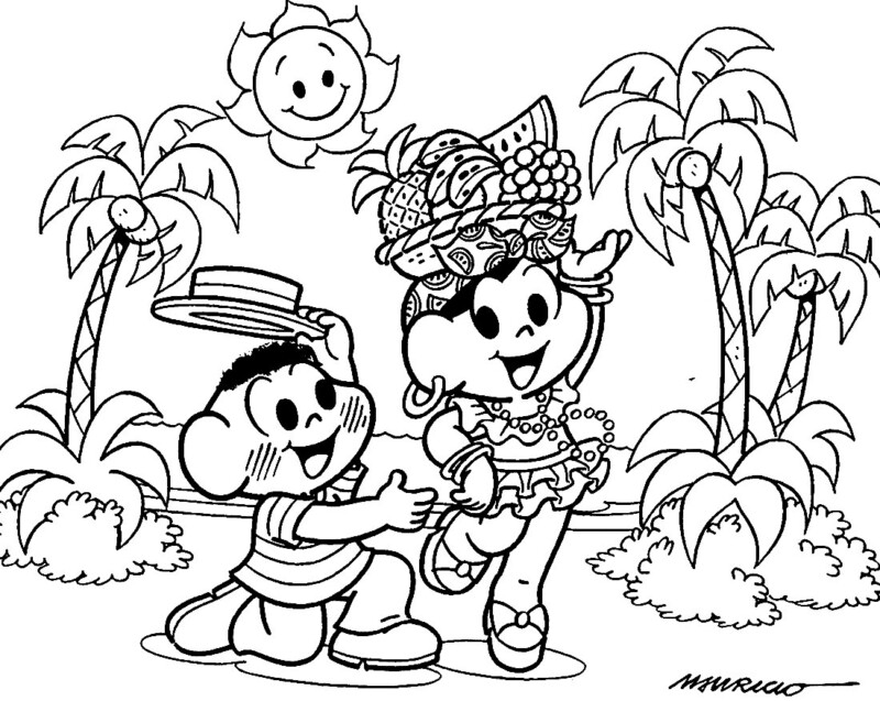Desenho de carnaval da Turma da Mônica com a Magali dançando com uma fantasia de frutas e o Cascão acompanhando.