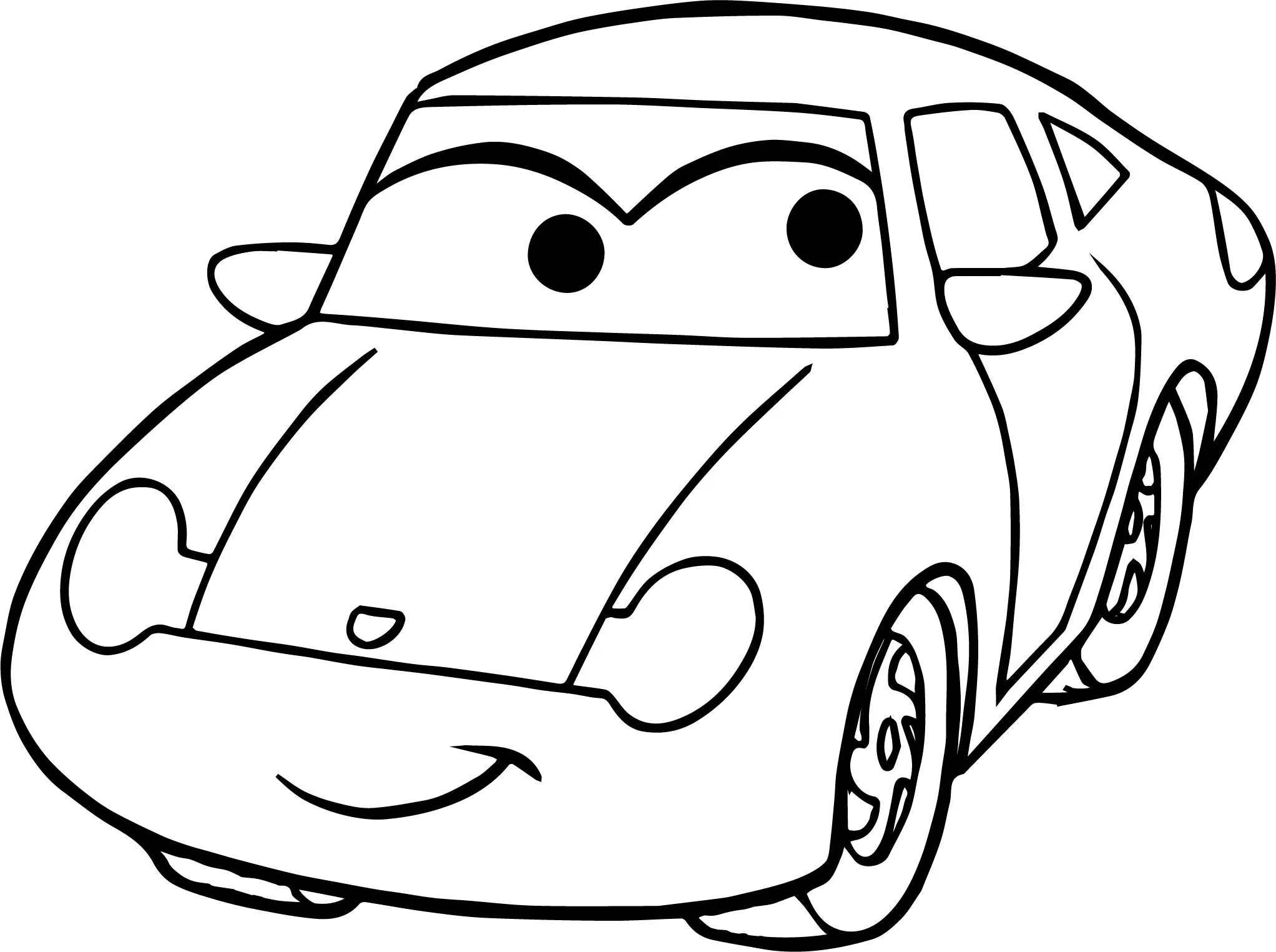 Desenho de carro da Disney antropomórfico com olhos grandes, sorriso e rodas para colorir e imprimir.
