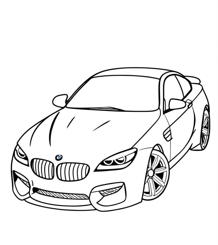 Desenho de um carro esportivo cupê com traços aerodinâmicos e rodas esportivas para imprimir e colorir.