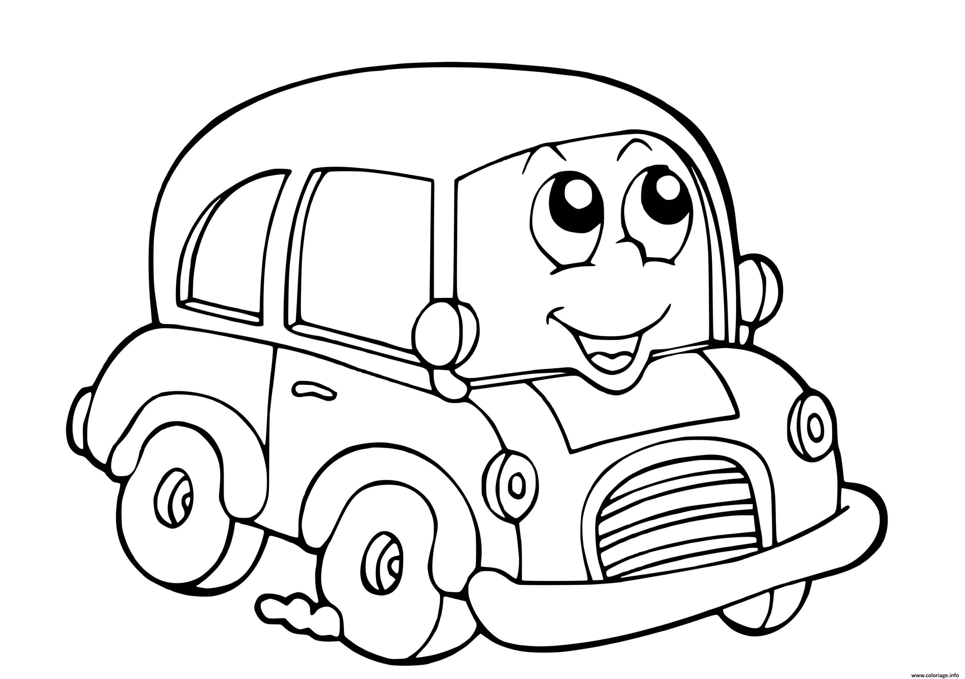 Desenho de um carro sorridente com olhos grandes e sorriso, pronto para colorir e imprimir. Seus traços simples, fácil e bonito de se colorir torna-o perfeito para meninos de todas as idades.